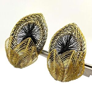 1950s Germany Gold-Tone Spun Wire Earrings Vintage Flower Leaf Statement Clip On